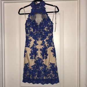 Tan and Royal Blue formal dress.